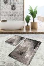 2'li Set Kahverengi - Siyah Zeminde Eskitme Motifli Retro Desenli Eskitme Motifli Sade & Şık  2'li Banyo & Mutfak Paspas Takımı Realhomes