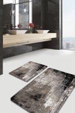 2'li Set Kahverengi - Siyah Zeminde Eskitme Motifli Retro Desenli Eskitme Motifli Sade & Şık  2'li Banyo & Mutfak Paspas Takımı Realhomes