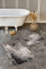 2'li Set Kahverengi - Siyah Zeminde Eskitme Motifli Retro Desenli Eskitme Motifli Sade & Şık  2'li Banyo & Mutfak Paspas Takımı Realhomes