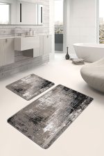 2'li Set Kahverengi - Siyah Zeminde Eskitme Motifli Retro Desenli Eskitme Motifli Sade & Şık  2'li Banyo & Mutfak Paspas Takımı Realhomes