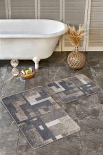 - Realhomes - Realhomes  2'li Set Kahverengi Zeminde Eskitme Motifli Geometrik Desenli Geometrik Klasik  2'li Banyo & Mutfak Paspas Takımı Realhomes