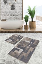 - PaspasTakimi-2li-Set838-Gorsel-5 - Realhomes  2'li Set Kahverengi Zeminde Eskitme Motifli Geometrik Desenli Geometrik Klasik  2'li Banyo & Mutfak Paspas Takımı Realhomes