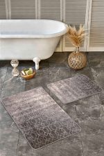 - Realhomes - Realhomes  2'li Set Kahverengi Zeminde Geometrik Motifli Antik Desenli Sade & Şık Geometrik  2'li Banyo & Mutfak Paspas Takımı Realhomes