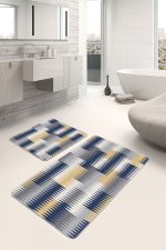 2'li Set Lacivert - Sarı Zeminde Geometrik Motifli Klasik Desenli Geometrik Sade & Şık  2'li Banyo & Mutfak Paspas Takımı Realhomes