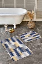 2'li Set Lacivert - Sarı Zeminde Geometrik Motifli Klasik Desenli Geometrik Sade & Şık  2'li Banyo & Mutfak Paspas Takımı Realhomes