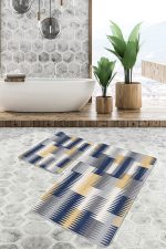 2'li Set Lacivert - Sarı Zeminde Geometrik Motifli Klasik Desenli Geometrik Sade & Şık  2'li Banyo & Mutfak Paspas Takımı Realhomes