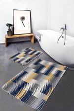 2'li Set Lacivert - Sarı Zeminde Geometrik Motifli Klasik Desenli Geometrik Sade & Şık  2'li Banyo & Mutfak Paspas Takımı Realhomes