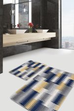 2'li Set Lacivert - Sarı Zeminde Geometrik Motifli Klasik Desenli Geometrik Sade & Şık  2'li Banyo & Mutfak Paspas Takımı Realhomes