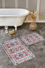 - Realhomes - Realhomes  2'li Set Kırmızı Zeminde Kilim Motifli Geleneksel Desenli Avangarde Etnik Motifler  2'li Banyo & Mutfak Paspas Takımı Realhomes