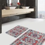 2'li Set Gold - Siyah Zeminde Kanvas Motifli Güneş Desenli Modern Geometrik  2'li Banyo & Mutfak Paspas Takımı Realhomes