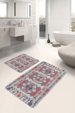 - PaspasTakimi-2li-Set841-Gorsel-2 - Realhomes  2'li Set Kırmızı Zeminde Kilim Motifli Geleneksel Desenli Avangarde Etnik Motifler  2'li Banyo & Mutfak Paspas Takımı Realhomes