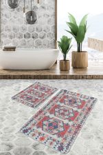 - PaspasTakimi-2li-Set841-Gorsel-4 - Realhomes  2'li Set Kırmızı Zeminde Kilim Motifli Geleneksel Desenli Avangarde Etnik Motifler  2'li Banyo & Mutfak Paspas Takımı Realhomes