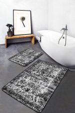 2'li Set Siyah Zeminde Eskitme Motifli Geleneksel Desenli Geometrik Eskitme Motifli  2'li Banyo & Mutfak Paspas Takımı Realhomes