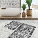 2'li Set Gold - Turuncu Zeminde Çizgili Motifli Geometrik Desenli Geometrik Modern  2'li Banyo & Mutfak Paspas Takımı Realhomes