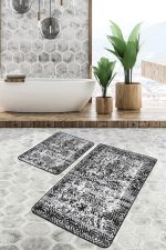 2'li Set Siyah Zeminde Eskitme Motifli Geleneksel Desenli Geometrik Eskitme Motifli  2'li Banyo & Mutfak Paspas Takımı Realhomes