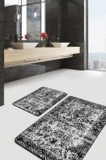 2'li Set Siyah Zeminde Eskitme Motifli Geleneksel Desenli Geometrik Eskitme Motifli  2'li Banyo & Mutfak Paspas Takımı Realhomes