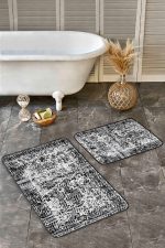 2'li Set Siyah Zeminde Eskitme Motifli Geleneksel Desenli Geometrik Eskitme Motifli  2'li Banyo & Mutfak Paspas Takımı Realhomes