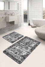 2'li Set Siyah Zeminde Eskitme Motifli Geleneksel Desenli Geometrik Eskitme Motifli  2'li Banyo & Mutfak Paspas Takımı Realhomes