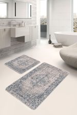 - PaspasTakimi-2li-Set845-Gorsel-2 - Realhomes 2'li Set Krem Zeminde Göbekli Halı Motifli Hereke Desenli Avangarde Etnik Motifler 2'li Banyo & Mutfak Paspas Takımı Realhomes