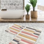 2'li Set Krem - Mavi Zeminde Göbekli Halı Motifli Dokuma Desenli Vintage Avangarde  2'li Banyo & Mutfak Paspas Takımı Realhomes