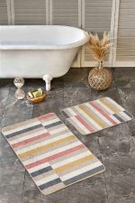 - Realhomes - Realhomes  2'li Set Çok Renkli Zeminde Patchwork Motifli Kilim Desenli Geometrik Sade & Şık  2'li Banyo & Mutfak Paspas Takımı Realhomes