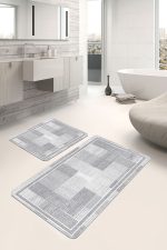 2'li Set Gri Zeminde Çerçeveli Motifli Dokuma Halı Desenli Geometrik Sade & Şık  2'li Banyo & Mutfak Paspas Takımı Realhomes