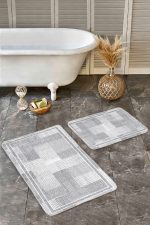 2'li Set Gri Zeminde Çerçeveli Motifli Dokuma Halı Desenli Geometrik Sade & Şık  2'li Banyo & Mutfak Paspas Takımı Realhomes