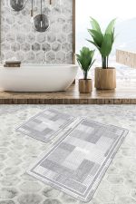2'li Set Gri Zeminde Çerçeveli Motifli Dokuma Halı Desenli Geometrik Sade & Şık  2'li Banyo & Mutfak Paspas Takımı Realhomes
