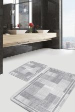 2'li Set Gri Zeminde Çerçeveli Motifli Dokuma Halı Desenli Geometrik Sade & Şık  2'li Banyo & Mutfak Paspas Takımı Realhomes