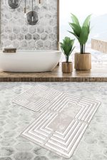 - PaspasTakimi-2li-Set848-Gorsel-2 - Realhomes  2'li Set Krem Zeminde Çerçeveli Motifli Eskitme Desenli Geometrik Klasik  2'li Banyo & Mutfak Paspas Takımı Realhomes