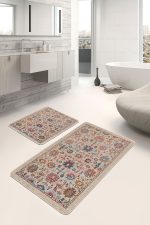 - PaspasTakimi-2li-Set849-Gorsel-1 - Realhomes 2'li Set Bej Zeminde Uşak Motifli Kilim Desenli Etnik Motifler Avangarde 2'li Banyo & Mutfak Paspas Takımı Realhomes