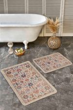 - Realhomes - Realhomes 2'li Set Bej Zeminde Uşak Motifli Kilim Desenli Etnik Motifler Avangarde 2'li Banyo & Mutfak Paspas Takımı Realhomes