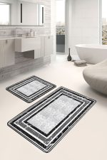 - PaspasTakimi-2li-Set852-Gorsel-1 - Realhomes  2'li Set Siyah - Beyaz Zeminde Çerçeveli Motifli Klasik Desenli Geometrik Sade & Şık  2'li Banyo & Mutfak Paspas Takımı Realhomes