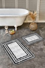 - Realhomes - Realhomes  2'li Set Siyah - Beyaz Zeminde Çerçeveli Motifli Klasik Desenli Geometrik Sade & Şık  2'li Banyo & Mutfak Paspas Takımı Realhomes