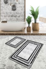 - PaspasTakimi-2li-Set852-Gorsel-2 - Realhomes  2'li Set Siyah - Beyaz Zeminde Çerçeveli Motifli Klasik Desenli Geometrik Sade & Şık  2'li Banyo & Mutfak Paspas Takımı Realhomes