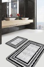 - PaspasTakimi-2li-Set852-Gorsel-5 - Realhomes  2'li Set Siyah - Beyaz Zeminde Çerçeveli Motifli Klasik Desenli Geometrik Sade & Şık  2'li Banyo & Mutfak Paspas Takımı Realhomes