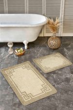 2'li Set Bej Zeminde Çerçeveli Motifli Hasır Desenli Klasik Sade & Şık  2'li Banyo & Mutfak Paspas Takımı Realhomes