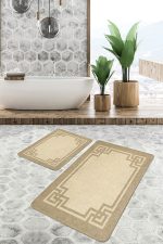 2'li Set Bej Zeminde Çerçeveli Motifli Hasır Desenli Klasik Sade & Şık  2'li Banyo & Mutfak Paspas Takımı Realhomes