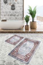 - PaspasTakimi-2li-Set854-Gorsel-1 - Realhomes  2'li Set Gri Zeminde Çerçeveli Motifli Eskitme Desenli Eskitme Motifli Klasik  2'li Banyo & Mutfak Paspas Takımı Realhomes