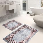 2'li Set Gold - Krem Zeminde Çerçeveli Motifli Mermer Desenli Avangarde Klasik  2'li Banyo & Mutfak Paspas Takımı Realhomes