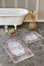 - Realhomes - Realhomes  2'li Set Gri Zeminde Çerçeveli Motifli Eskitme Desenli Eskitme Motifli Klasik  2'li Banyo & Mutfak Paspas Takımı Realhomes