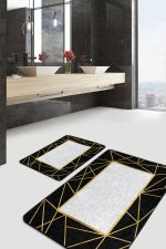 - PaspasTakimi-2li-Set855-Gorsel-4 - Realhomes  2'li Set Siyah Zeminde Çerçeveli Motifli Klasik Desenli Geometrik Klasik  2'li Banyo & Mutfak Paspas Takımı Realhomes
