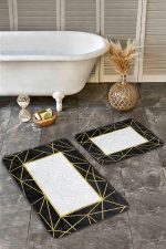 - Realhomes - Realhomes  2'li Set Siyah Zeminde Çerçeveli Motifli Klasik Desenli Geometrik Klasik  2'li Banyo & Mutfak Paspas Takımı Realhomes