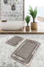 2'li Set Kahverengi Zeminde Çerçeveli Motifli Eskitme Desenli Klasik Eskitme Motifli  2'li Banyo & Mutfak Paspas Takımı Realhomes