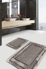 2'li Set Kahverengi Zeminde Çerçeveli Motifli Eskitme Desenli Klasik Eskitme Motifli  2'li Banyo & Mutfak Paspas Takımı Realhomes