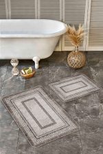 - Realhomes - Realhomes  2'li Set Kahverengi Zeminde Çerçeveli Motifli Antik Desenli Klasik Vintage  2'li Banyo & Mutfak Paspas Takımı Realhomes