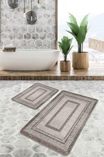 - PaspasTakimi-2li-Set857-Gorsel-2 - Realhomes  2'li Set Kahverengi Zeminde Çerçeveli Motifli Antik Desenli Klasik Vintage  2'li Banyo & Mutfak Paspas Takımı Realhomes