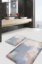 2'li Set Çok Renkli Zeminde Çerçeve Motifli Boyama Desenli Geometrik Sade & Şık  2'li Banyo & Mutfak Paspas Takımı Realhomes