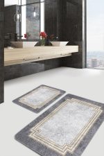 - PaspasTakimi-2li-Set859-Gorsel-1 - Realhomes  2'li Set Gri Zeminde Çerçeveli Motifli Antik Desenli Geometrik Klasik  2'li Banyo & Mutfak Paspas Takımı Realhomes