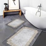 2'li Set Pembe - Gri Zeminde Geometrik Motifli Üçgen Desenli Geometrik Modern  2'li Banyo & Mutfak Paspas Takımı Realhomes